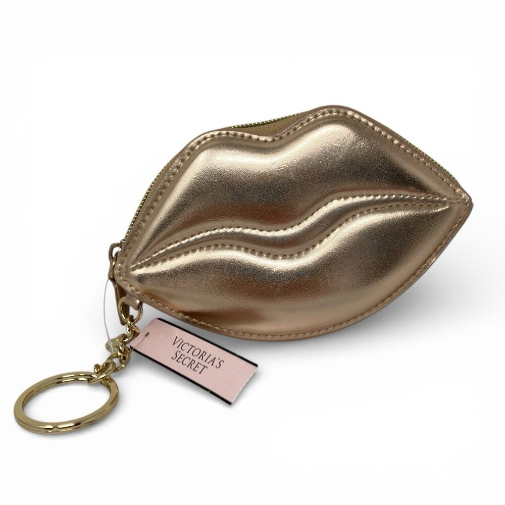 Victoria’s‎ Secret Pucker Lip Shaped Coin Purse Keychain Gold Metallic Zip Pouch